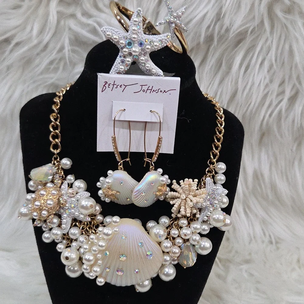 Betsey Johnson Cruise Control Clam Sea Turtle Pearl Earring + Necklace Bracelet
